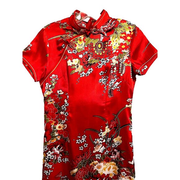 Asian Chinese Red Floral Dress S ? M? Mandarin Collar Short Slvs. Long Slits NWT - Picture 3 of 16